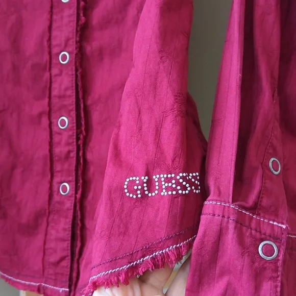 Ptp17" Guess Burgundy Red Embroidered Long Sleeve Button Shirt - Picture 4 of 13